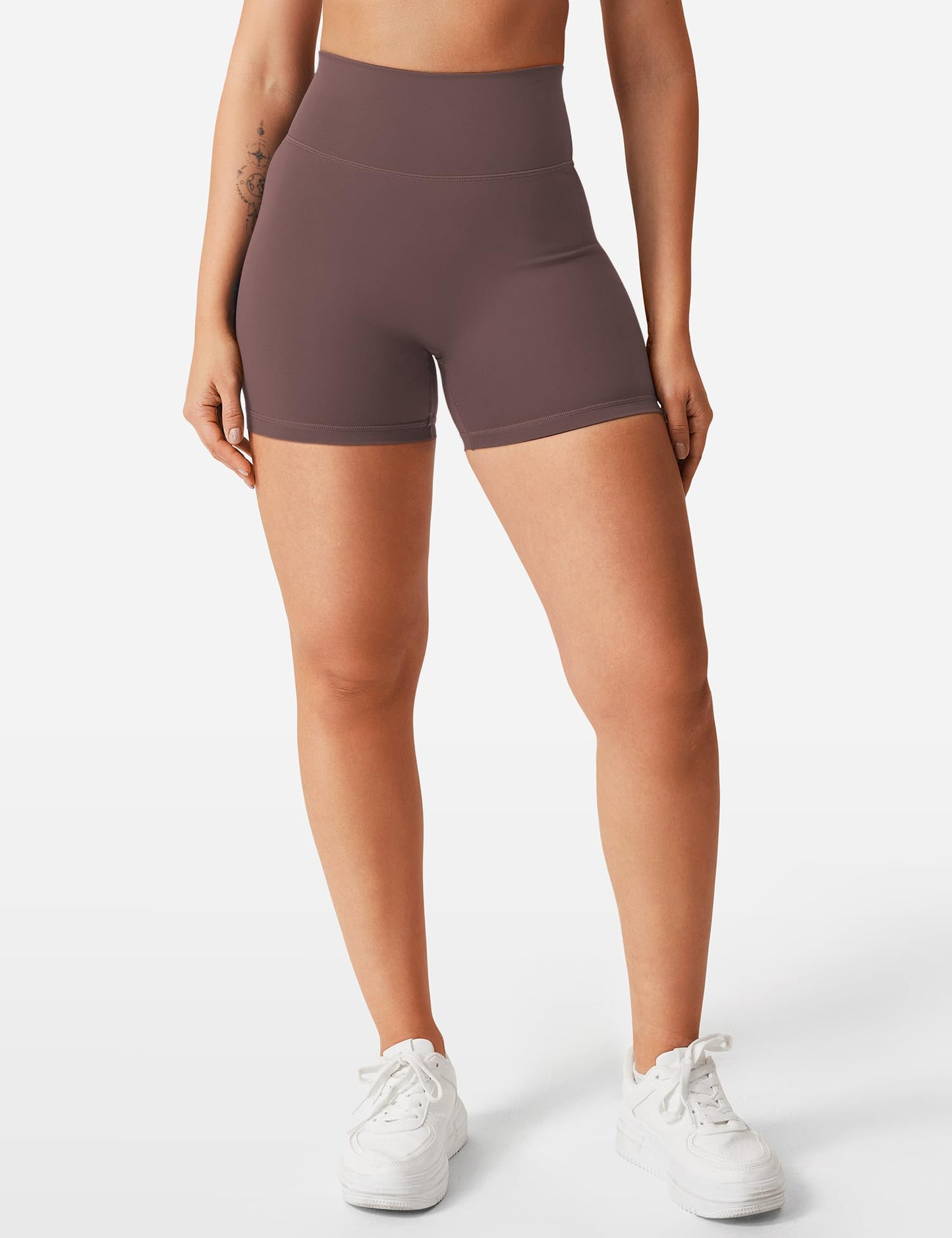 YEOREO Women's Biker Shorts 3.6" / 4.5" / 6" Workout Gym Shorts High Waist Tummy Control Hidden Scrunch Running Yoga Plum Brown