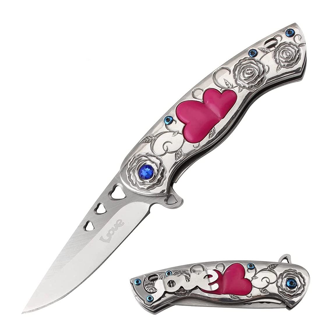 Snake Eye Tactical 7" Cupid Heart Ladies Valentines day Pocket Knife with LOVE Pocket Clip Included (Silver)