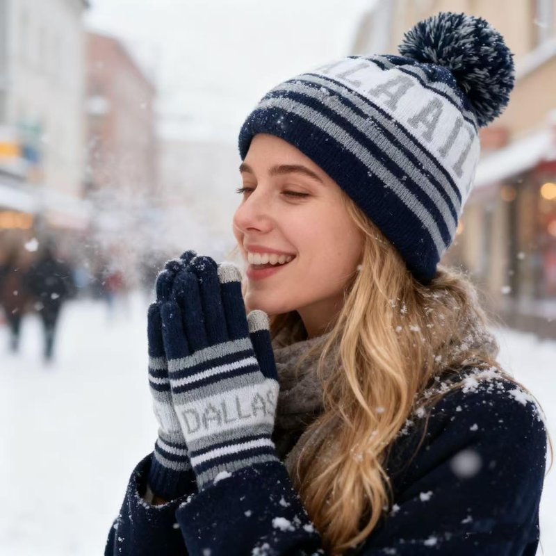 Classic Skull Cap Dallas Cow Beanie Hat With Faux Fur Pom Cuffed Winter Hat Knit Comes With Warm Touch Screen Gloves Gifts For Men Women Fans