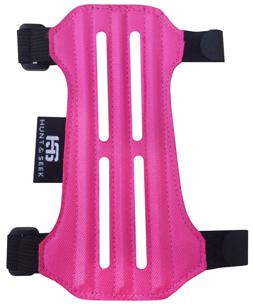 Hunt & Seek Fabric Archery Arm Guard 2 Hook-and-Loop Adjustable Straps Suede Leather Hunting Arm Guard Forearm Wrist Protector Archery Bracer Unisex (Pink)