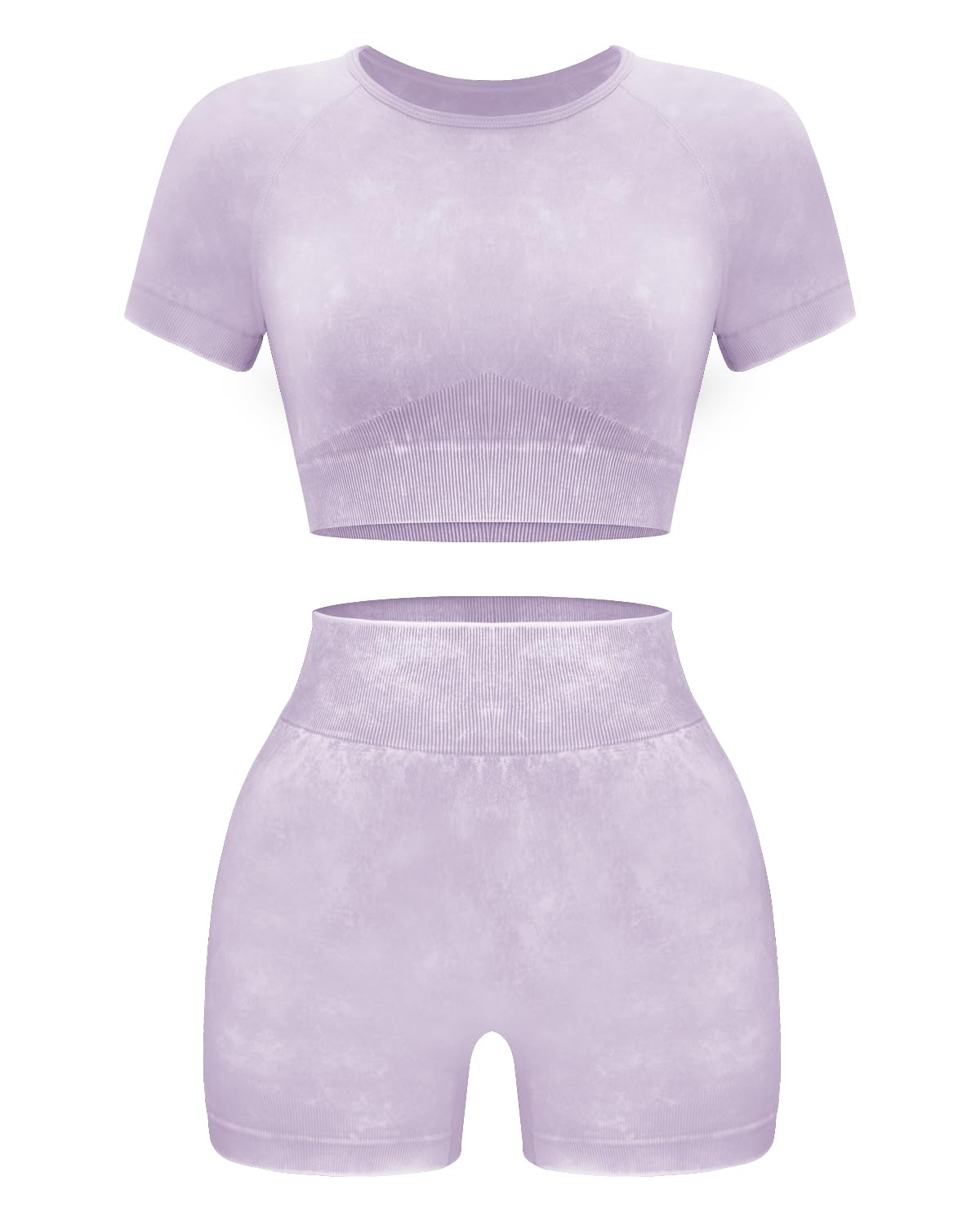 OLCHEE Womens Workout Sets 2 Piece - Seamless Acid Wash Yoga Outfits Leggings Shorts and Crop Top Matching Gym Activewear Athletic Clothing Set - Purple Medium