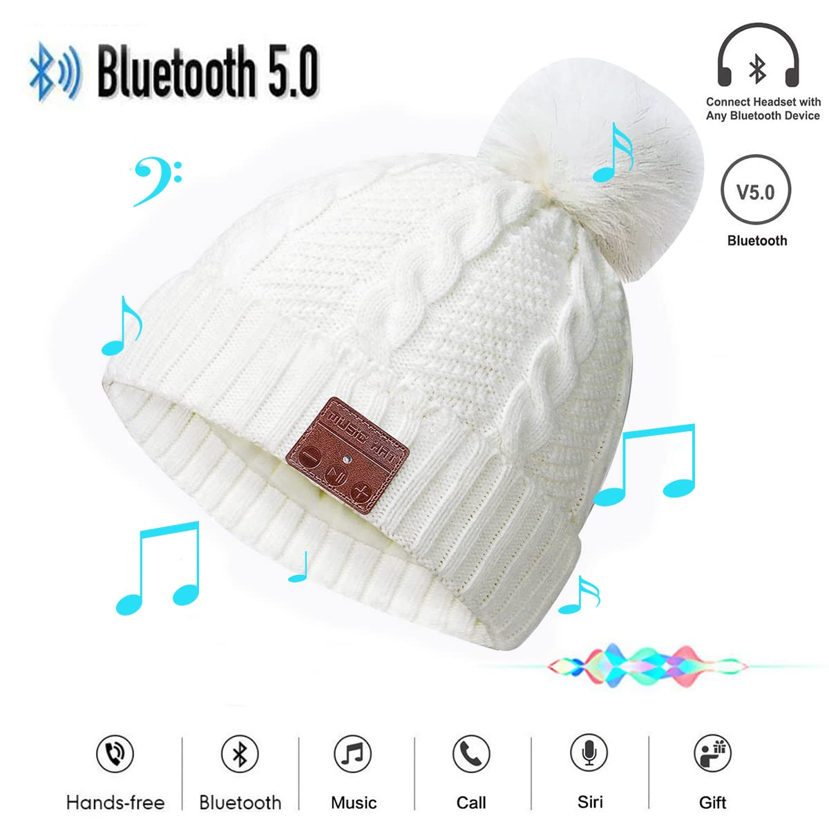 Bluetooth Beanie Hat Women with Headphones Sport Wireless Music Hat with Pompon Stereo Headphones Built-in Microphone Bluetooth Beanie for Women Girls Outdoor Running White