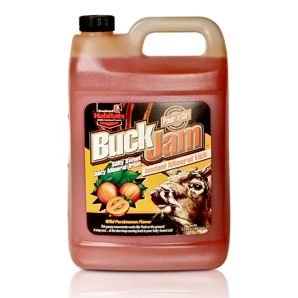 EVOLVED HABITATS Buck Jam Wild Persimmon Flavored Salty Sweet Liquid Deer Attractant - Instant Mineral Lick - Powerful Ready-To-Use Year-Round Beneficial Food Supplement for Deer - 1 Gallon