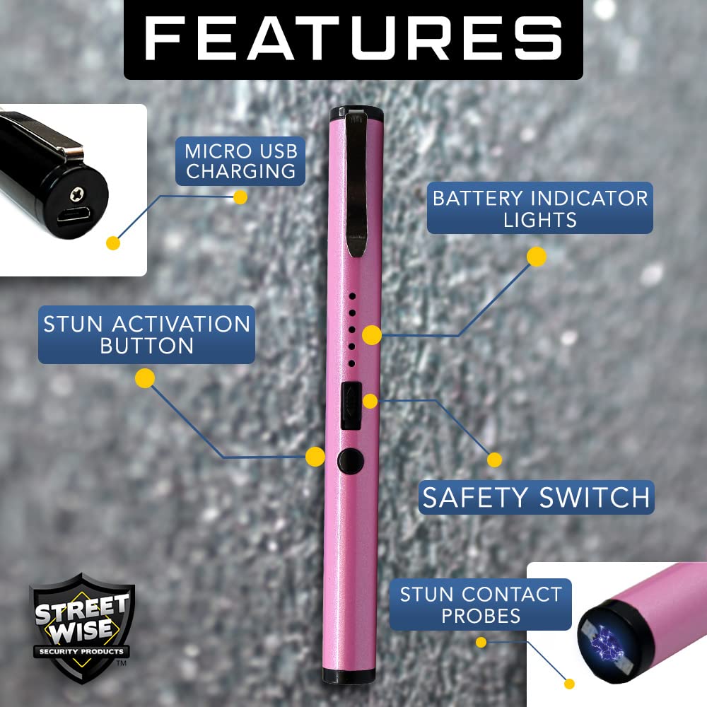 Streetwise Pain Pen 25,000,000 Stun Gun for Self Defense - Micro USB Rechargeable with Battery Charge Indicator Light - Pink