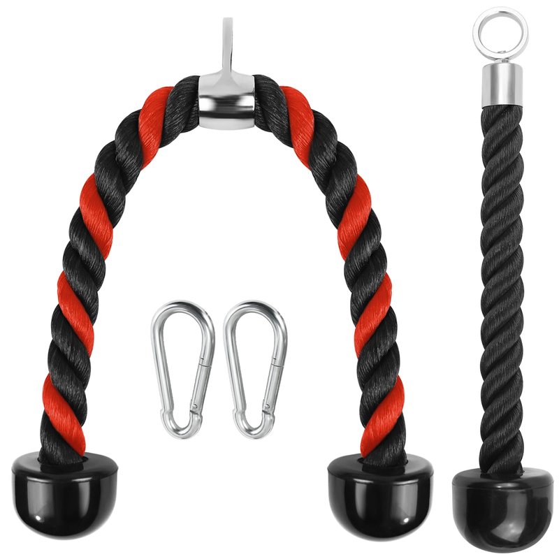 A2ZCARE Tricep Rope Cable Attachment with Snap Hook, Rope Pull Down Attachment Gym Rope Pull Down for LAT Pulldown Machine - 27 & 36 inch with Black & Red (E. 36" Black & Red + Single Tricep Rope)
