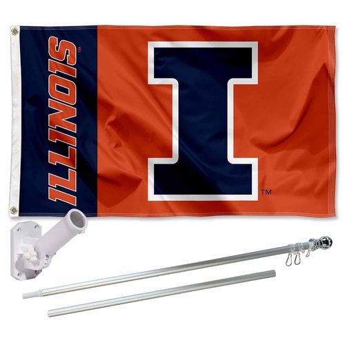 College Flags & Banners Co. New Logo Flag for Fighting Illini and Pole Bracket Mount Bundle