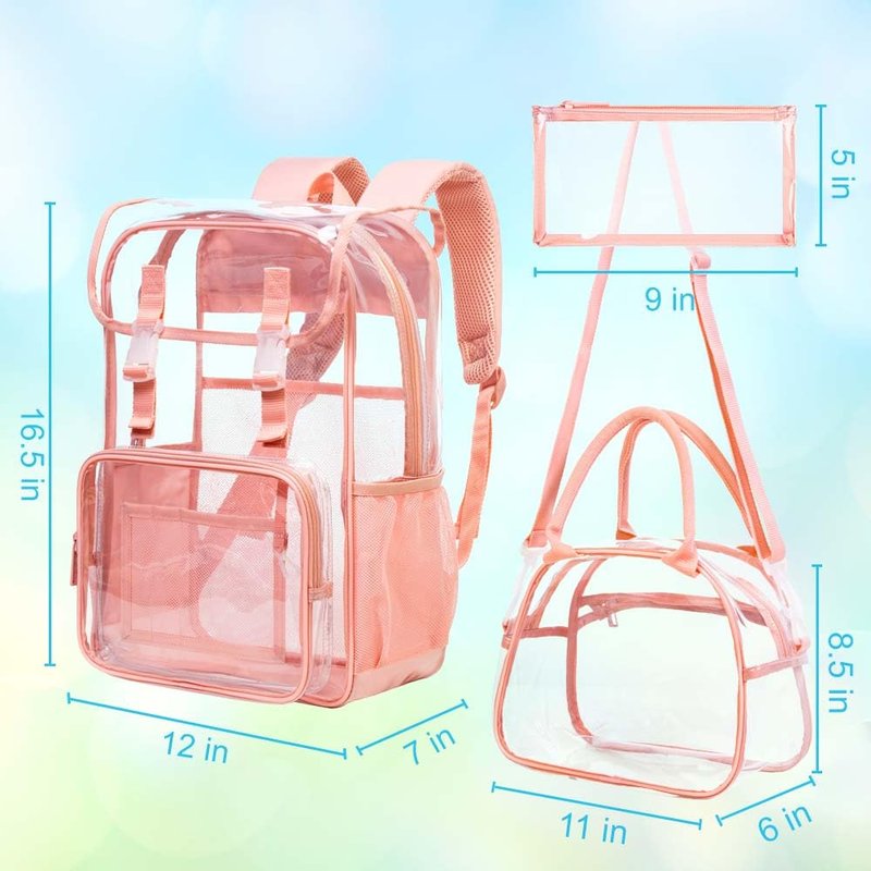 FTJCF 3PCS Pink Clear Backpack, Heavy Duty Transparent Bookbag for Women Girls, Stadium Approved See Through Backpack Set (Pink)