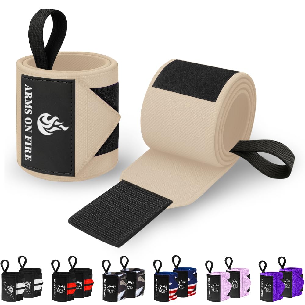 TECEUM Weightlifting Wrist Wraps with Thumb Loop – Beige – Arms on Fire – 18 inch – Heavy-Duty Workout Wrist Support & Protection – Ideal for Powerlifting, Strength Training, Bodybuilding