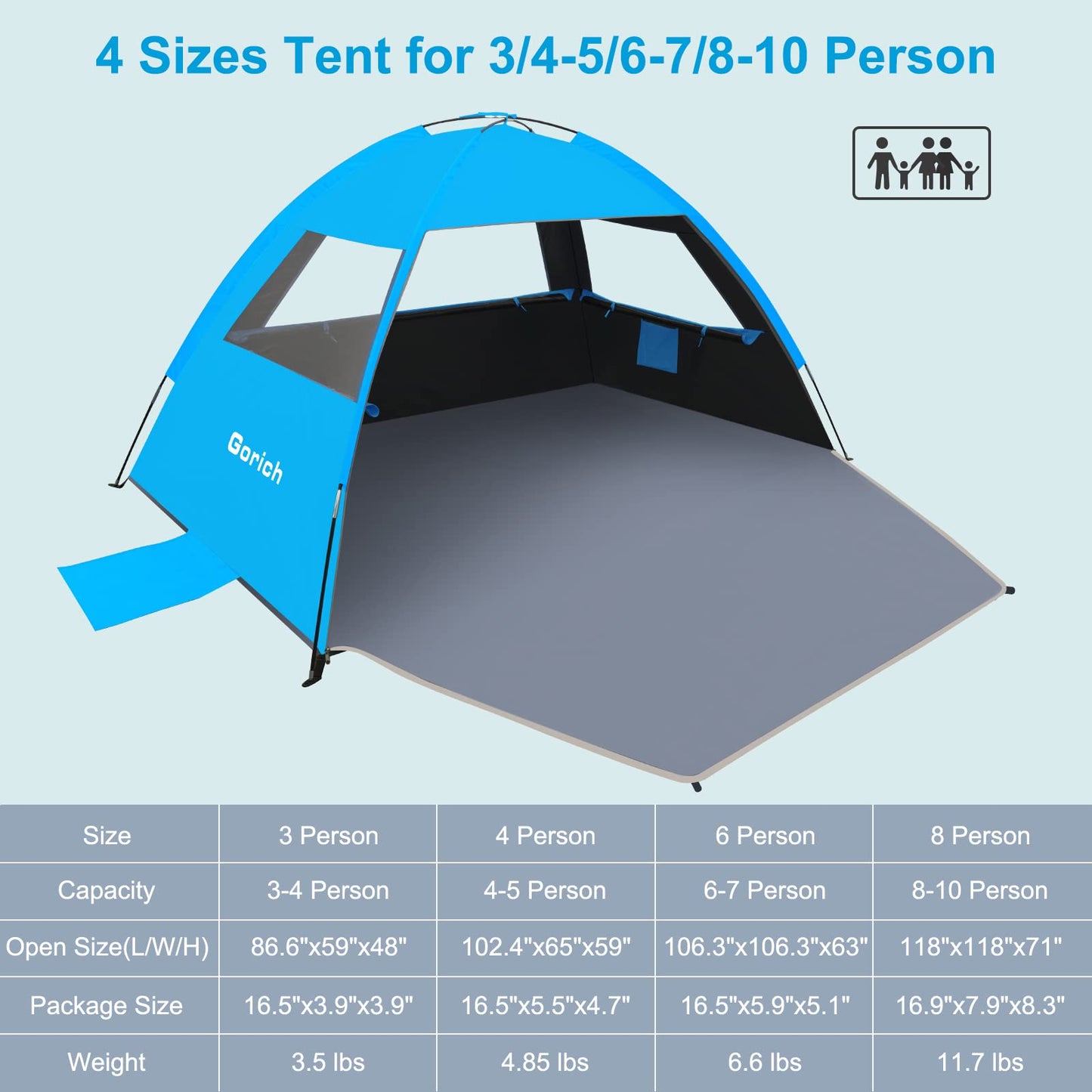 Gorich Beach Tent Sun Shelter for 3/4-5/6-7/8-10 Person with UPF 50＋ UV Protection, Lightweight & Easy Setup Beach Shade Canopy, Portable Beach Shade Tent Beach Cabana