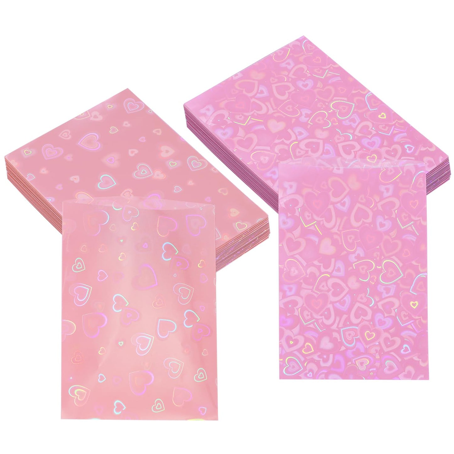 ONLYKXY 100pcs Soft Clear Plastic Heart Glitter Bag Storage Pouch Laser Sleeve Cover Pocket Holder Holographic Photo Protector Top Loader for 3in Trading Card Coin Jewelry (Hot Pink & Light Pink)