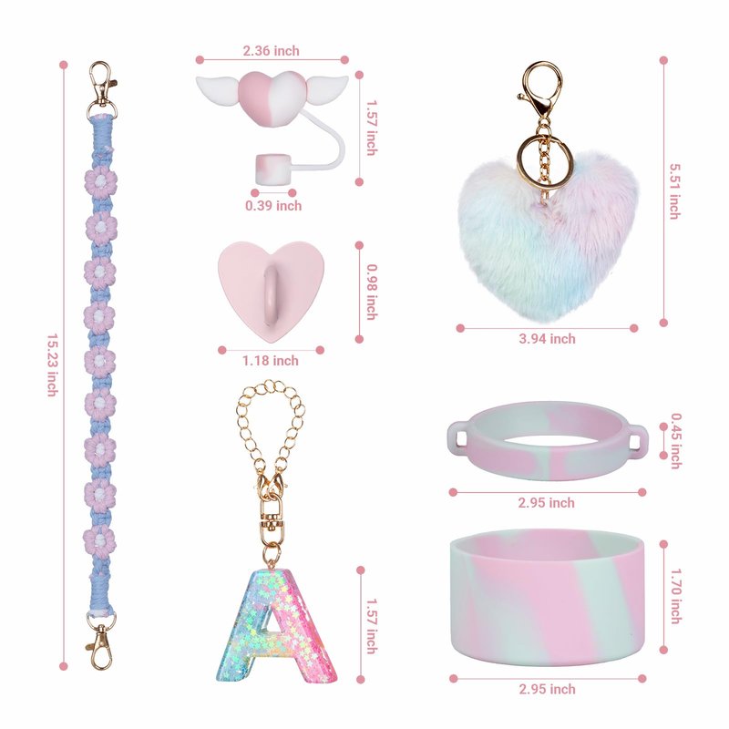 Rabrgab 7Pcs Initial Stanley Cup Accessories Set with Handle, Girls Tumbler Cup Decoration for 40oz 30oz 20oz, Teen Girls Gifts, Including Heart Straw Topper, Charms, Silicone Boot, Letter Charm M
