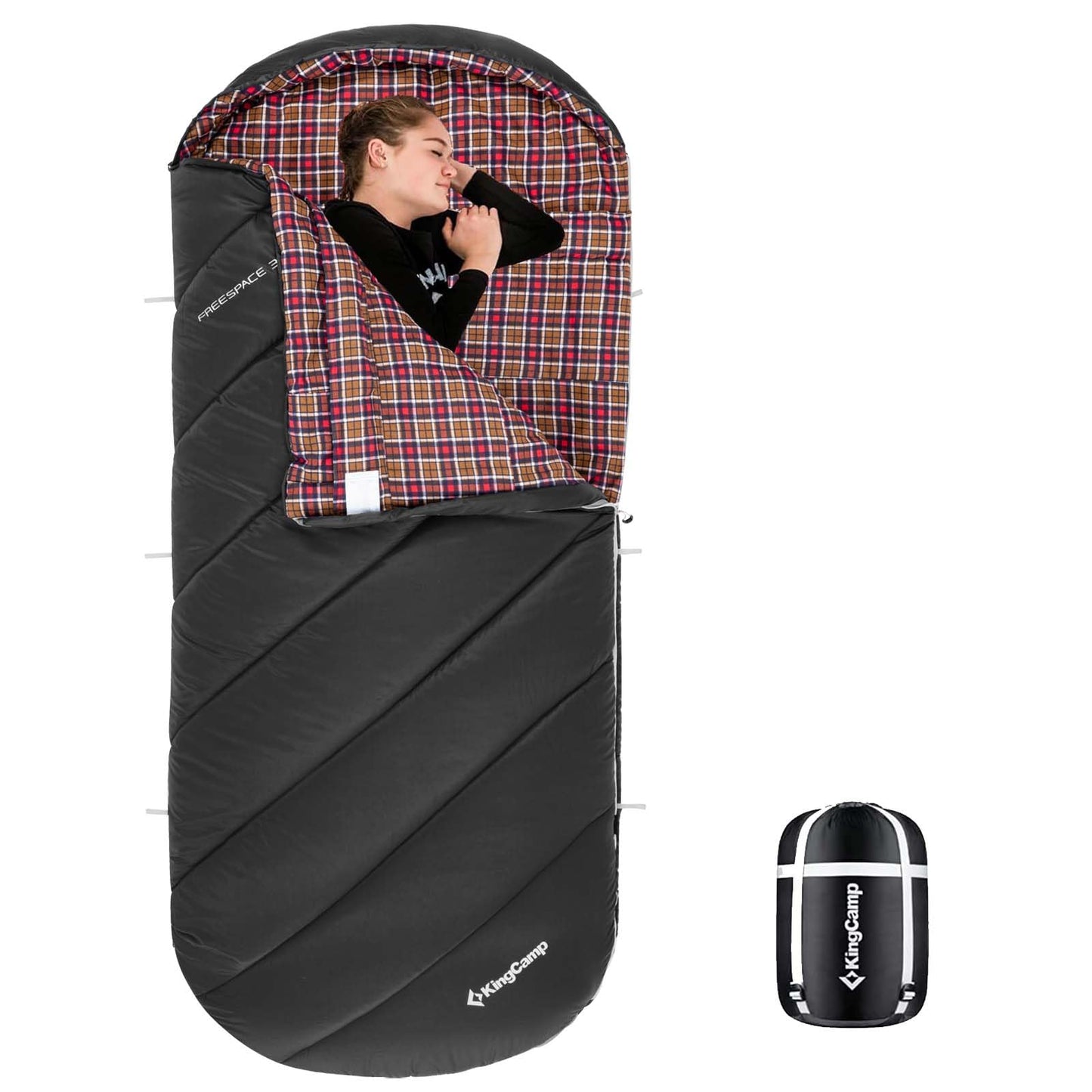 KingCamp Camping Sleeping Bag- XL with Hood, Extra Tall Big Wide Cotton Flannel Lined Portable Packable Sleeping Bags for Cold Warm Weather Backpacking, Hiking, Travel, Outdoors, Black-Large