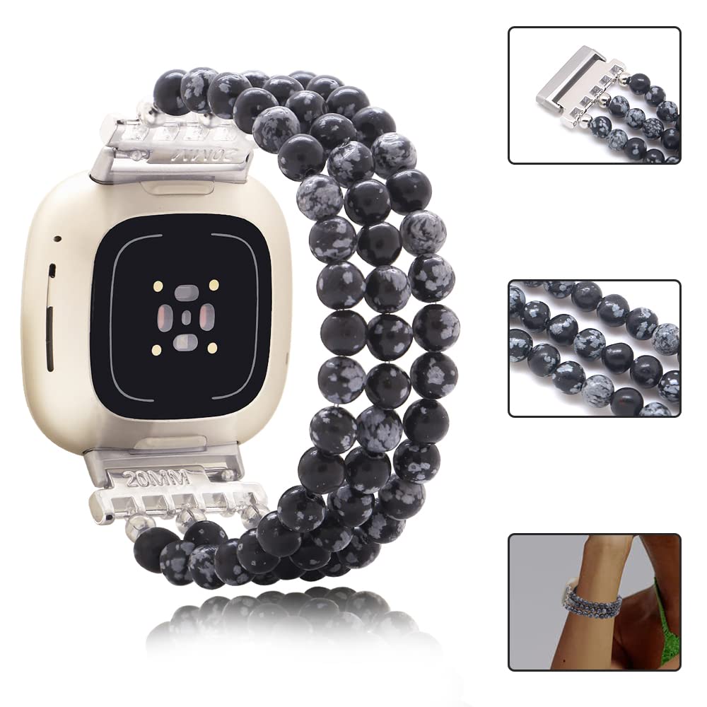 C&L Accessories Bracelet Compatible with Fitbit Versa 3/Fitbit Versa 4/Fitbit Sense 2/Fitbit Sense Bands for Women, Beaded Wristband Straps (Snowflake Obsidian)