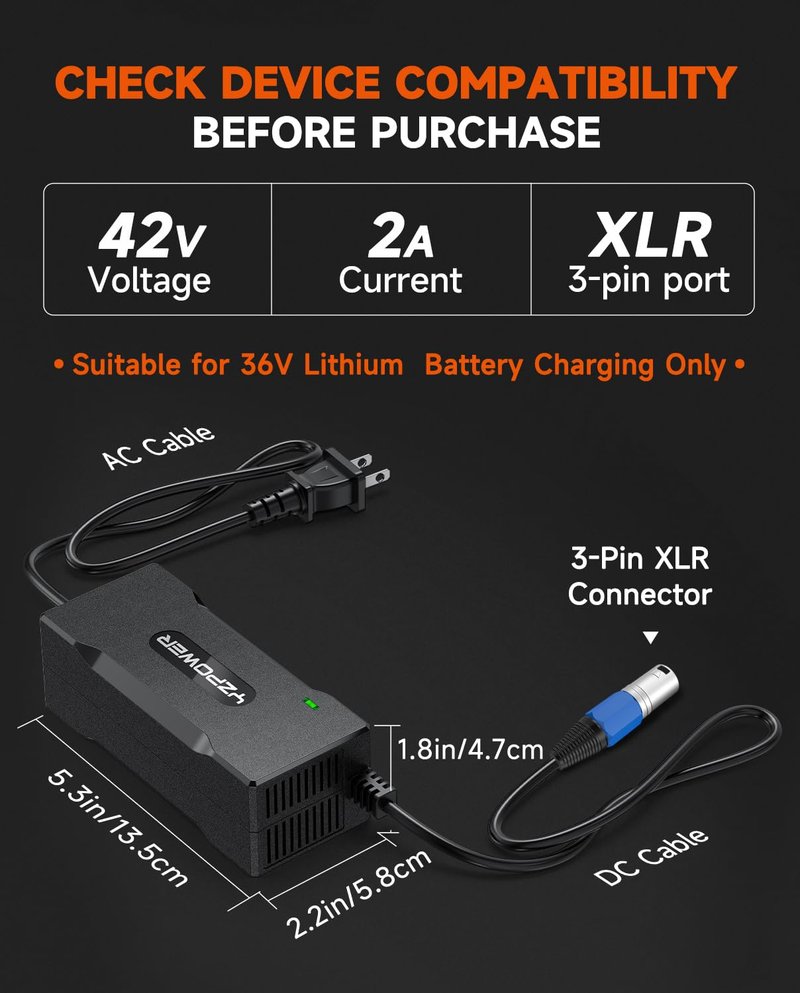 YZPOWER 36V Lithium Battery Charger 42V 2A Fast Charger with Turbo Cooling Fan - Overheat Protection, 3-Pin XLR Connector for Electric Bike/Scooter/E-Scooter for Mini Dirt 650 Battery