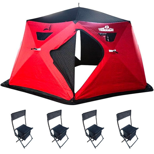 THUNDERBAY Ice Cube Series Hex-Hub 8 Man Portable Thermal Ice Shelter, 112 Square Feet of Fishable Area, Portable 8 Person Wide Bottom Insulated Ice Shelter with 4 Ice Fishing Chairs