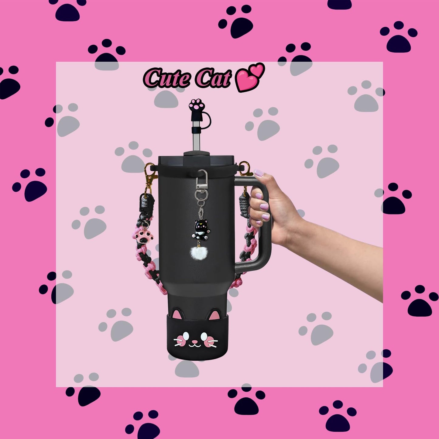VirgoCCY 6PCS Cute Cat Stanley Cup Accessories Set for Stanley Cup 30oz 40oz, Includes Straw Topper, Siliocne Boot, Water Bottle Handle Strap, Cat Charms, Black