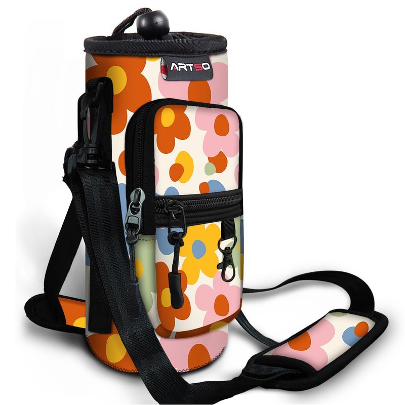 ARTSO Water Bottle Carrier Bag with Phone Pocket, Neoprene Sleeve Water Bottle Holder Sling Bag Pouch with Adjustable Strap 25/32/40/64 oz for Walking Hiking Camping Gym(32oz, Colorful Flowers)