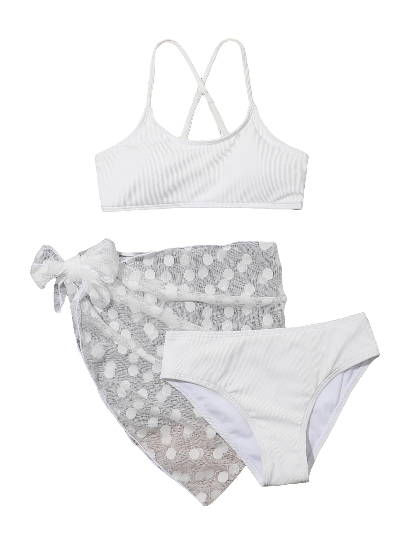 COZYEASE Girls' 3 Piece Floral Print Bikini Sets Cute Swimsuit Bathing Suits with Knot Side Beach Skirt Set White Solid 150