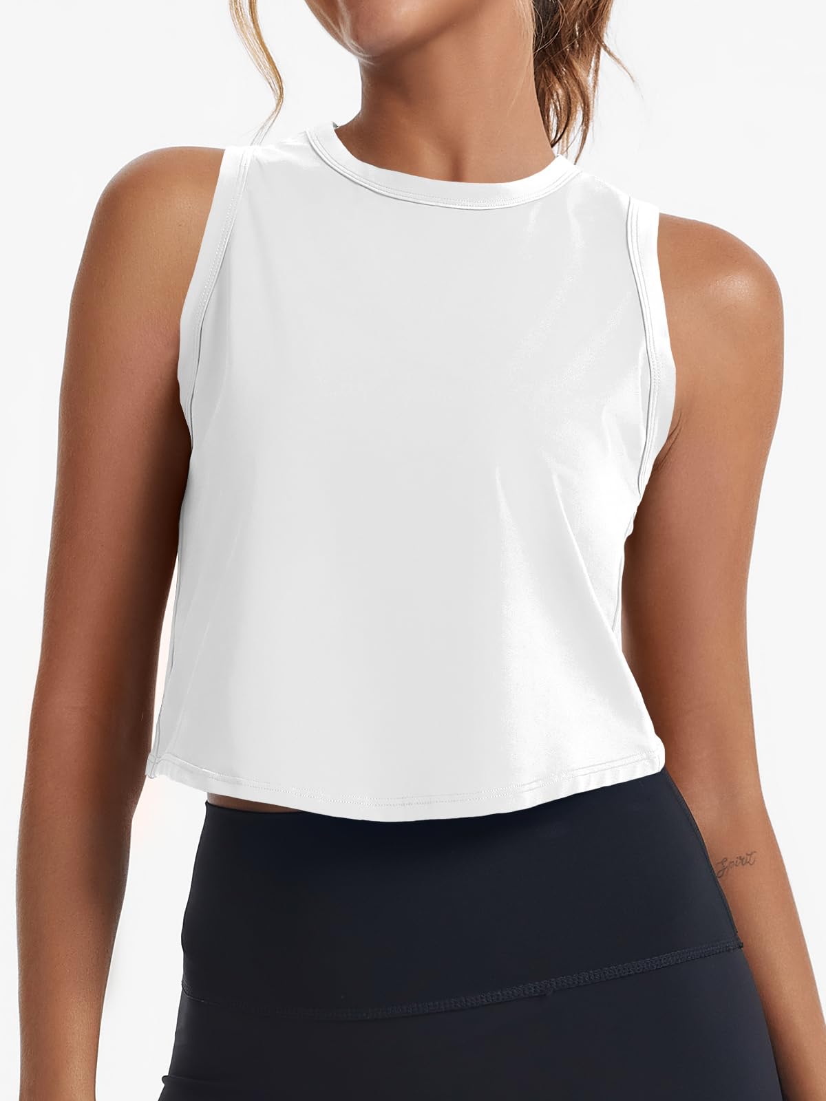 Fisoew Womens Workout Cropped Tank Tops Racerback Sleeveless Crewneck Running Yoga Active Shirts White