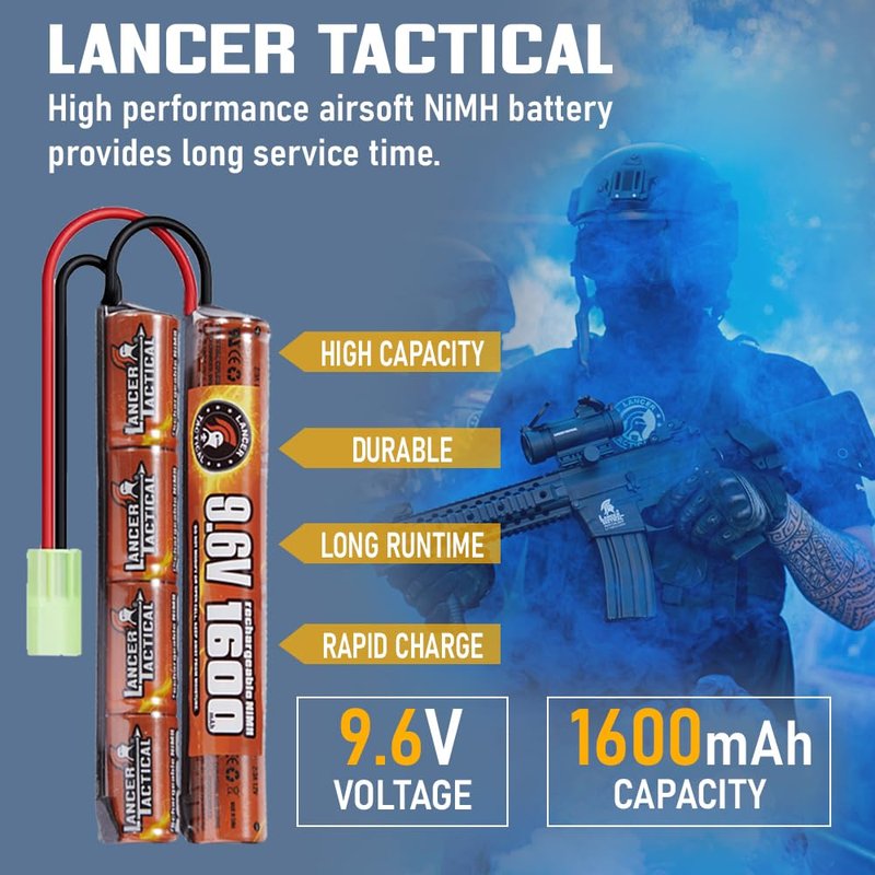 Lancer Tactical Nimh Battery Pack with Smart Charger, Two Pack of Nunchuck 9.6v 1600 mAh Tamiya Connector with Compact Smart Charger for 8.4v - 9.6v NiMh Airsoft AEG Batteries