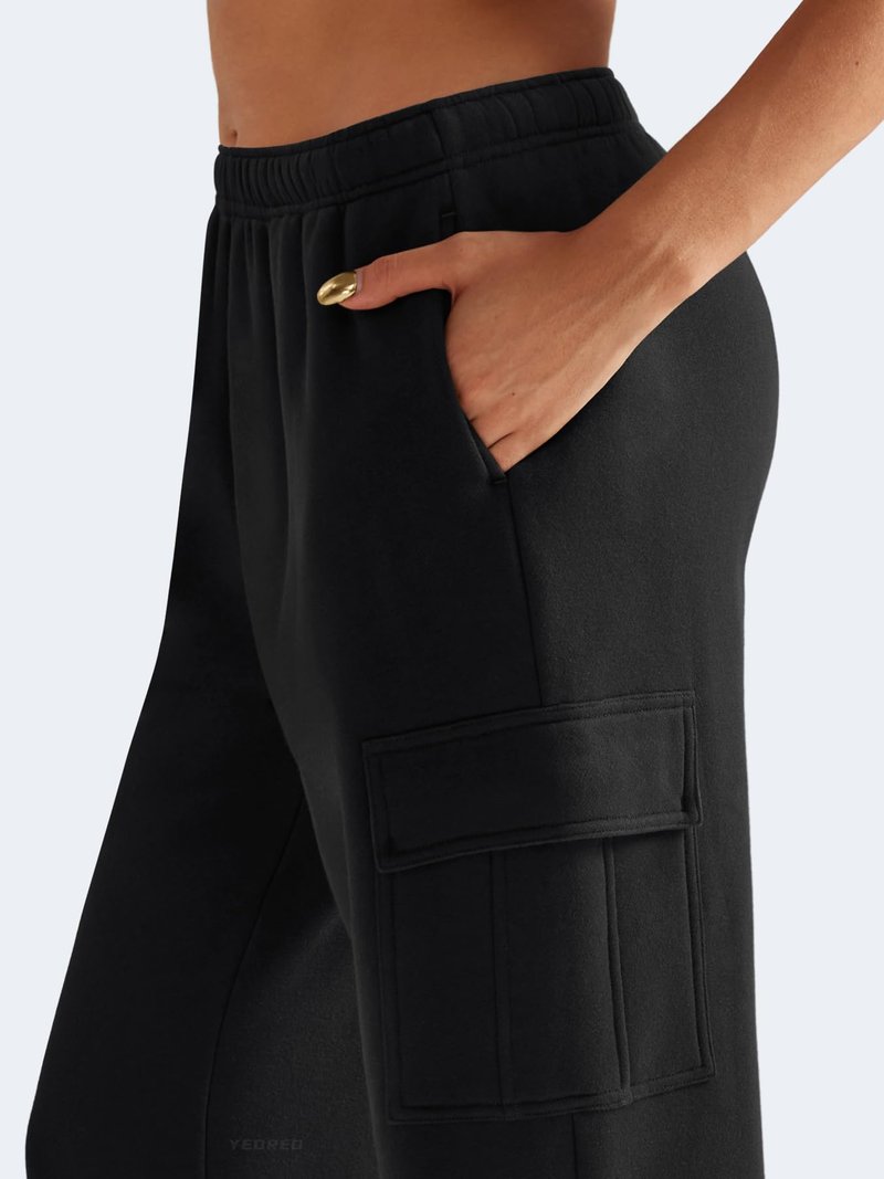 YEOREO Sweatpants Womens Cargo Pants Fleece Lined Wide Leg Joggers Baggy Drawstring Nairi Sweat Pants with Pockets Black S
