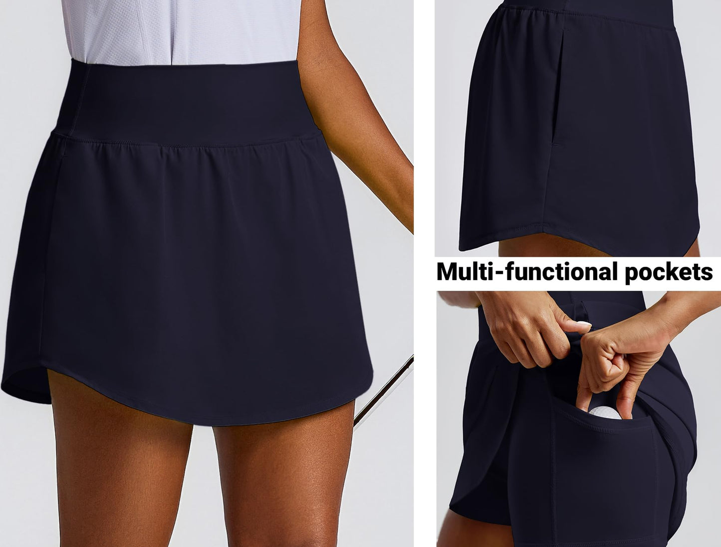 PINSPARK Women's High Waisted Tennis Skirts Lightweight Curved Hem Golf Skorts Skirts for Women with Shorts Pockets, Dark Navy L