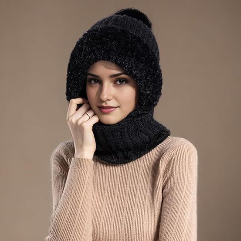3 in 1 Beanie Hat for Men&Women，Beanie hat with Scarf and mask，Winter Warm Knitted hat Black