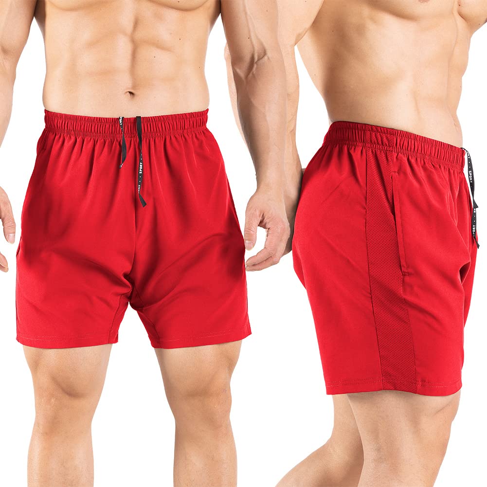 Gaglg Men's 5" Running Shorts 2 Pack Quick Dry Athletic Workout Gym Shorts with Zipper Pockets Black/Red,Medium