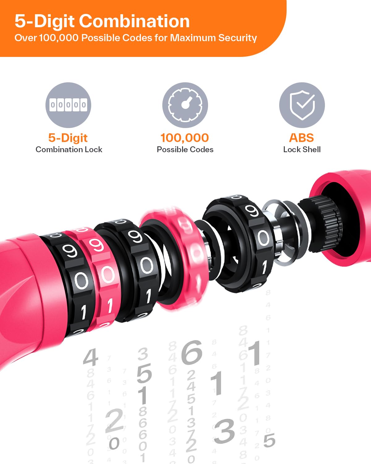 Sportneer Bike Lock: 5 Digit Combination High Security Anti Theft Bike Chain Lock - 3.2/3.6/4ft Heavy Duty Resettable Keyless Bicycle Lock for Bike, Motorcycle, Scooter, Door - 6mm Thick Rose Red