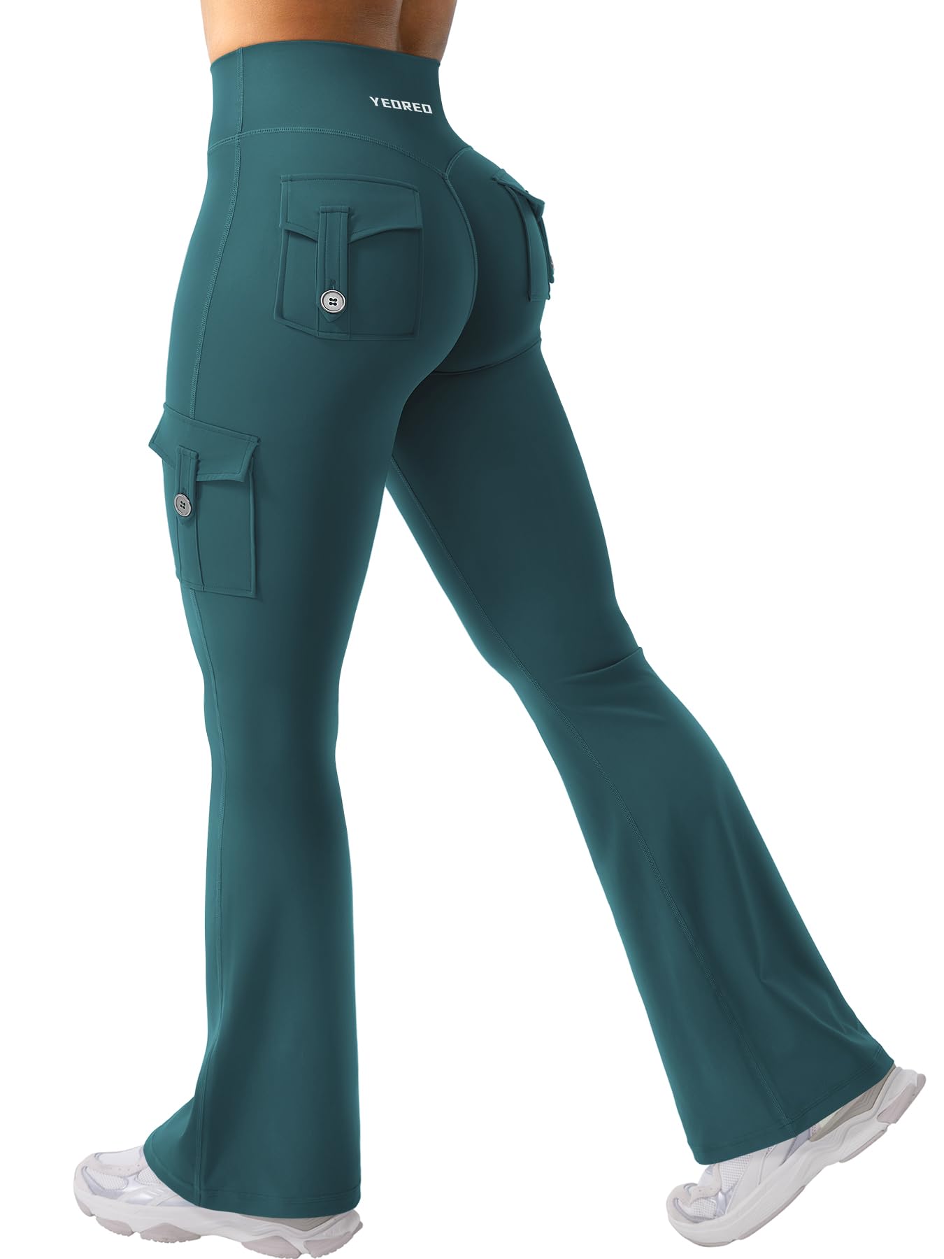 YEOREO CoreFlex Women Workout Flare Leggings with Pockets Hidden Scrunch High Waisted Cargo Gym Yoga Leggings Mediterranea L