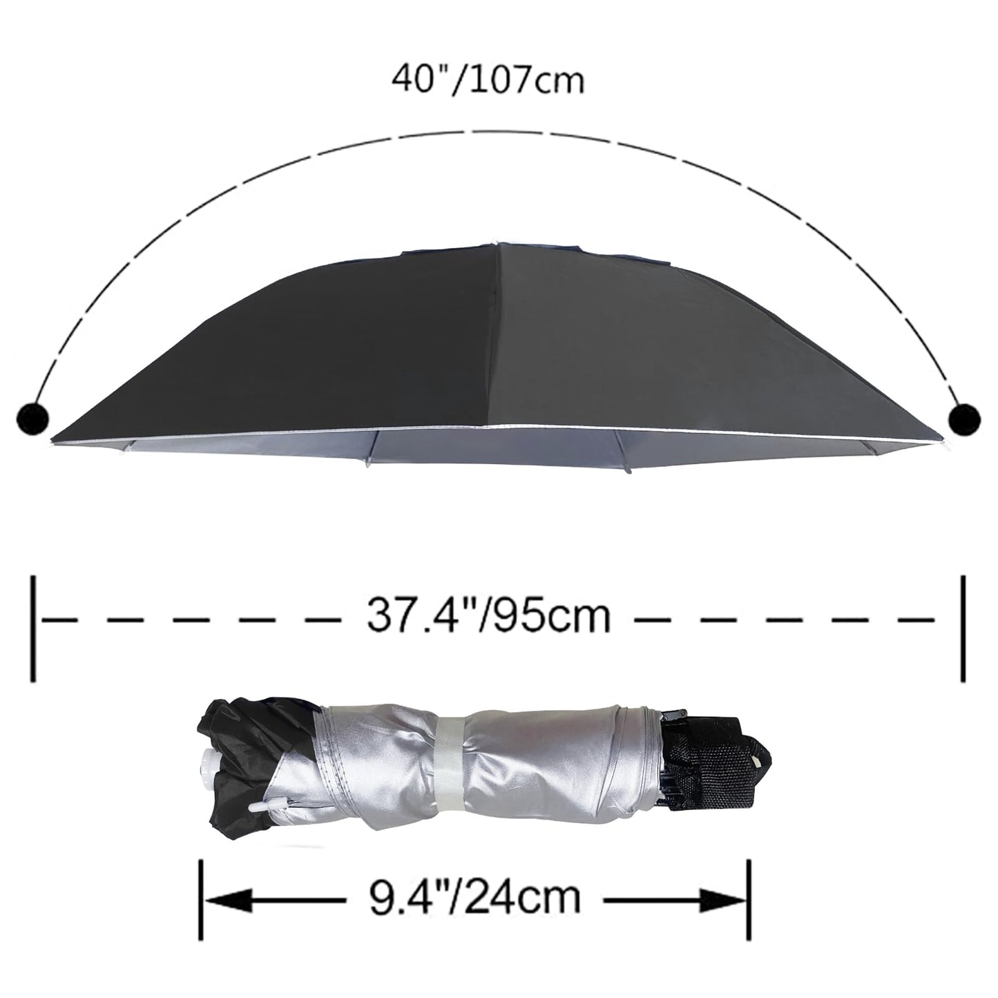 NEW-Vi Fishing Umbrella Hat Folding Adjustable Sun Rain Cap, 37.4”Oversize Hands Free Umbrellas, 7-Ribs Anti-UV Waterproof Headwear for Fishing Gardening Golf Sunshade Outdoor- Black