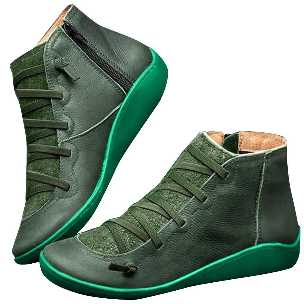 Women's Flat Boots Leather Round Toe Lace-up Shoe Side Zipper Retro Solid Casual Boots Walking Sneakers For Ladies Green, 9.5-10