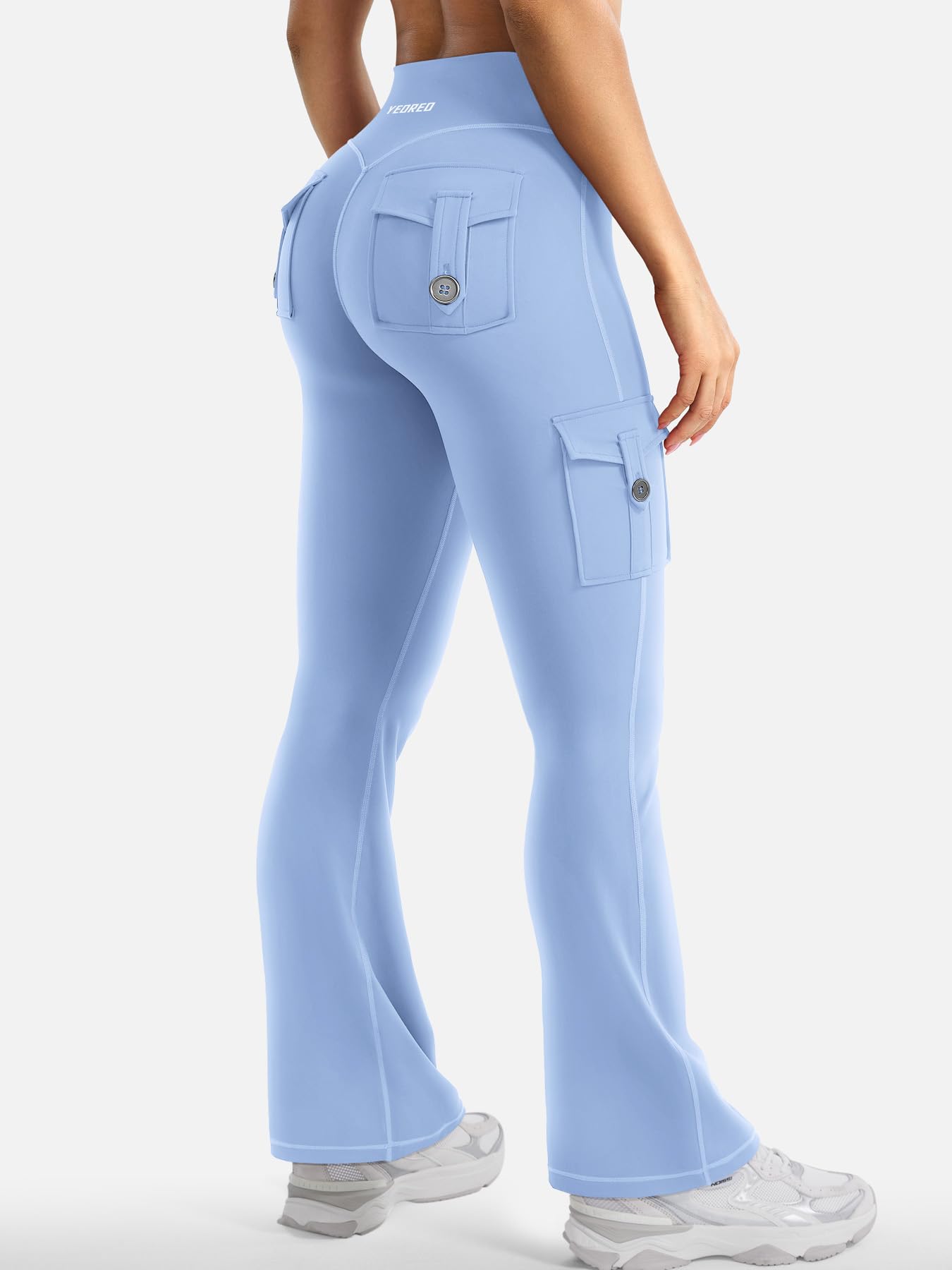 YEOREO CoreFlex Women Workout Flare Leggings with Pockets Scrunch Cargo Gym Yoga Leggings Light Blue M