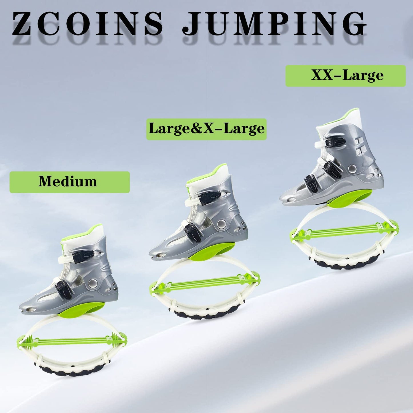 ZCOINS Bounce Jumping Shoes, Adjustable Non-Slip Fitness Jump Shoes,Unisex Bounce Shoes for Adults/Kids, Sliver Green, M (US Size Kid 1-3, 8.5-9 in/60-110 lbs)