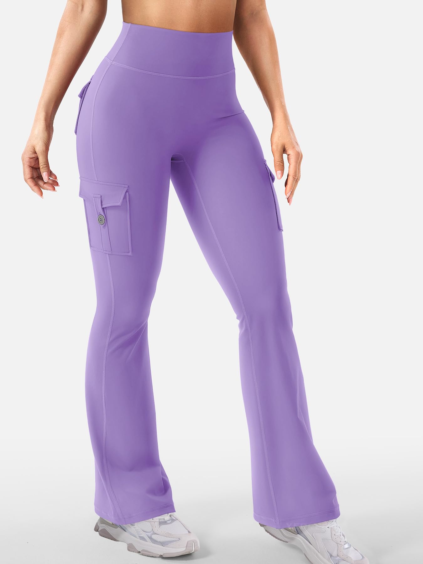 YEOREO CoreFlex Women Workout Flare Leggings with Pockets Hidden Scrunch High Waisted Cargo Gym Yoga No Front Seam Leggings Purple XL