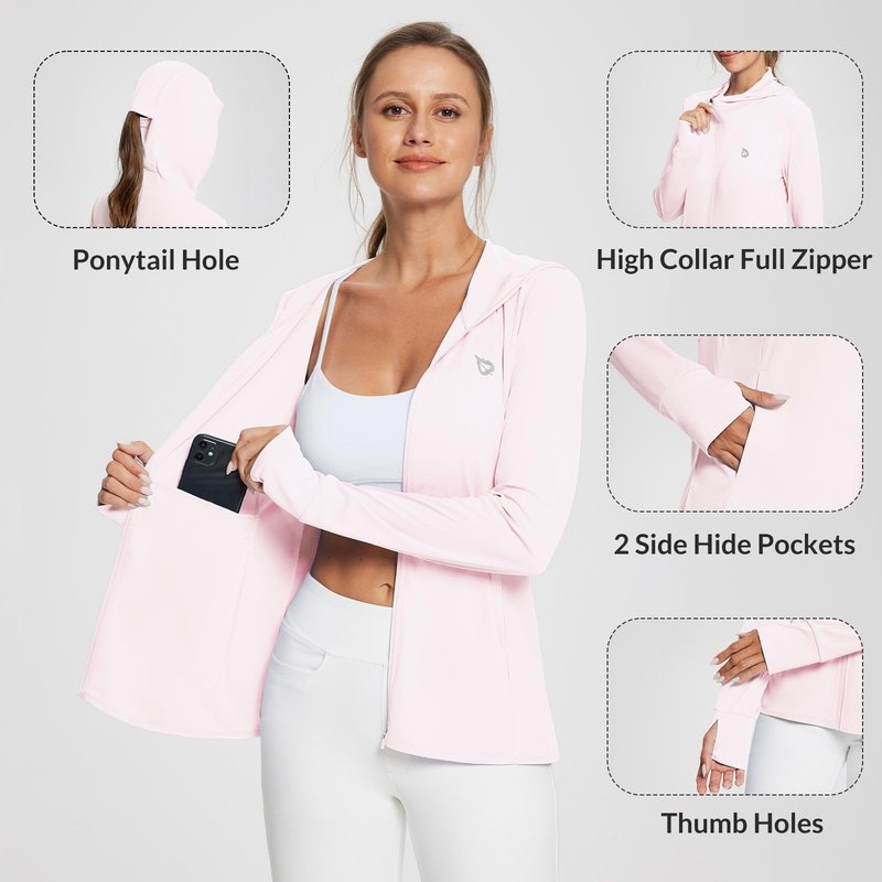 baleaf Women's SPF Jacket Sun Shirt UV Protection Hoodie Zip Up Long Sleeve Hooded Summer Clothing Running Hiking Light Pink M