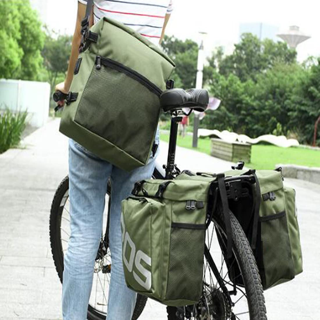 MOZOWO Bike Rear Rack Bag, 3 in 1 37L Waterproof Bicycle Rack Seat Bag Pannier Cycling Back Seat Rack Trunk Bag Saddle Bag for Mountain MTB Bike with Detachable Shoulder Strap & Reflective Sign