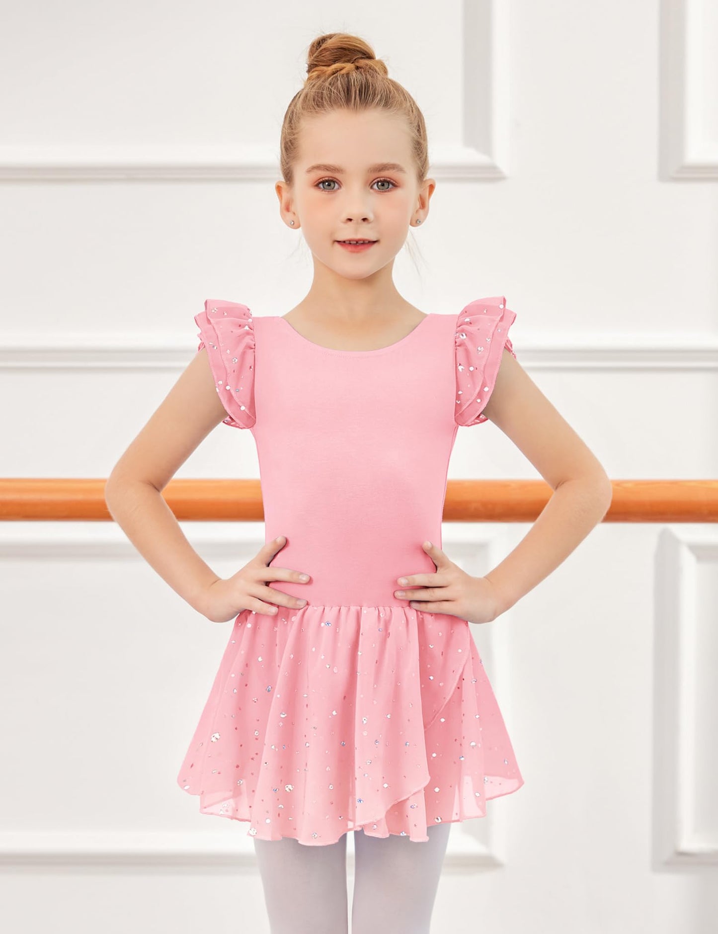 Arshiner Girls Ruffle Sleeve Ballet Dance Dress Tutu Skirted Leotard, 4-5 Years, Ballet Pink