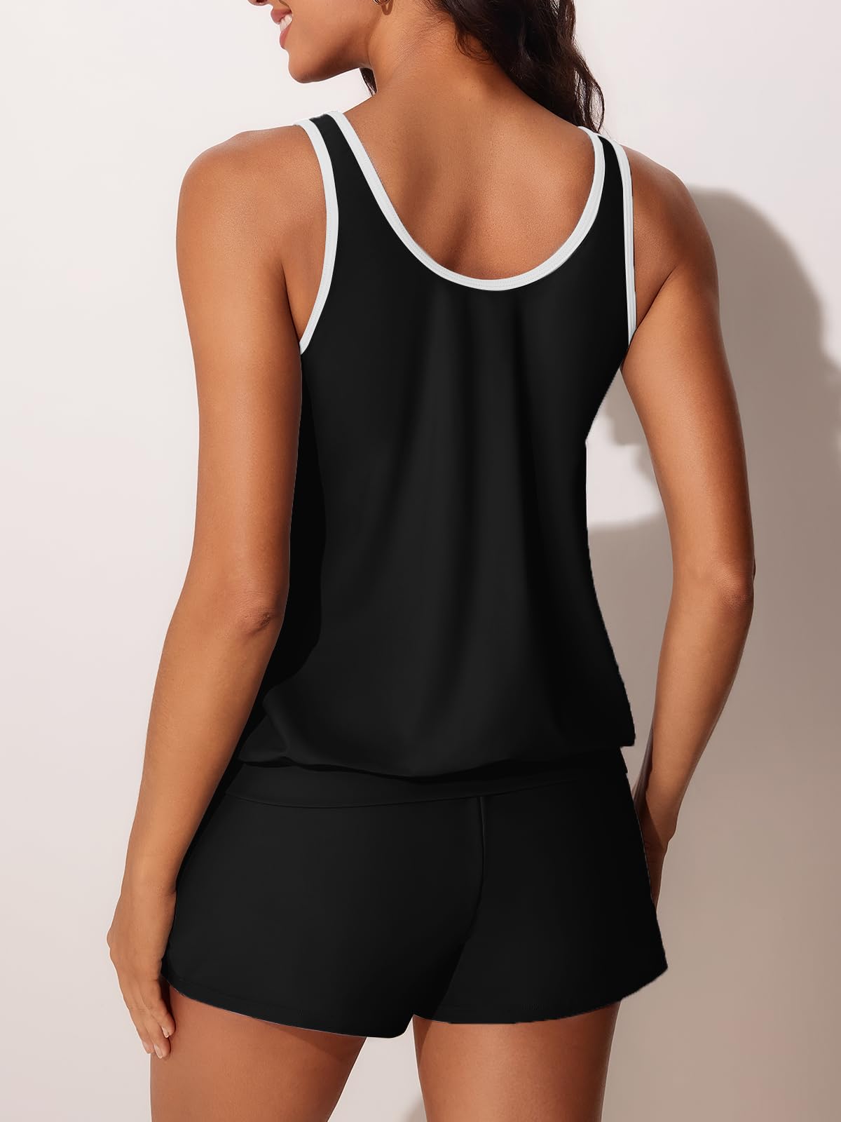 Summer Mae Blouson Women's Tankini Swimsuits Tummy Control Modest 2026 Two Piece with Sporty Pockets Bathing Suits Black Large
