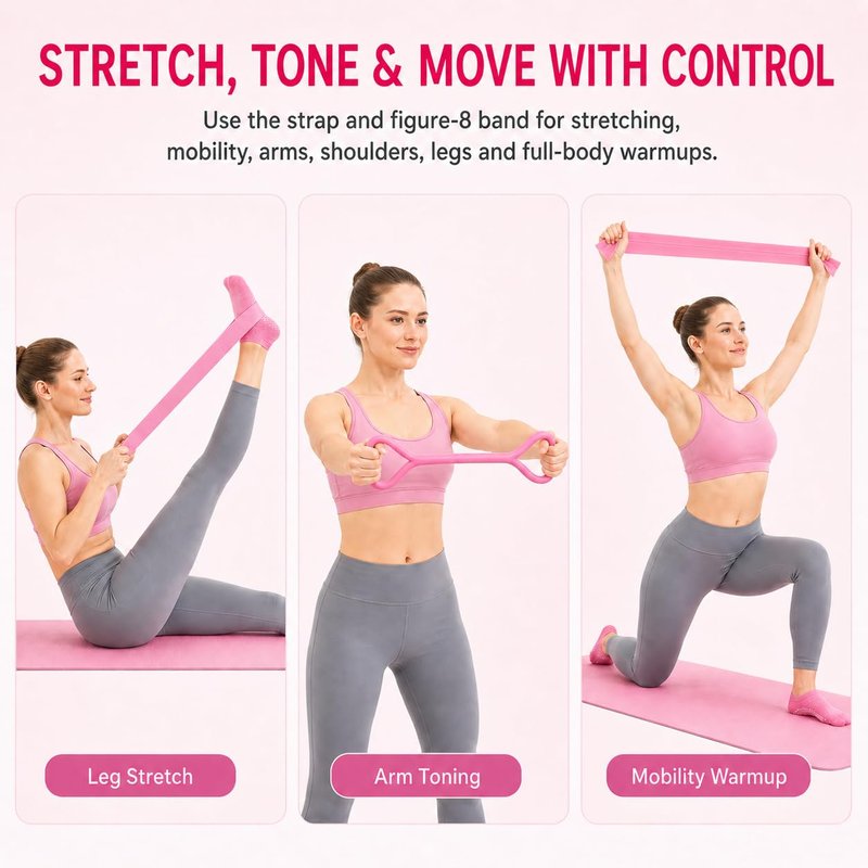 Kmjuix Pilates Kit for Women, 13 Piece Home Workout Starter Set with 14 Inch Ring, Mini Ball, 5 Resistance Bands, Yoga Socks, Stretch Strap and Carry Bag for Core Strength, Toning, Flexibility