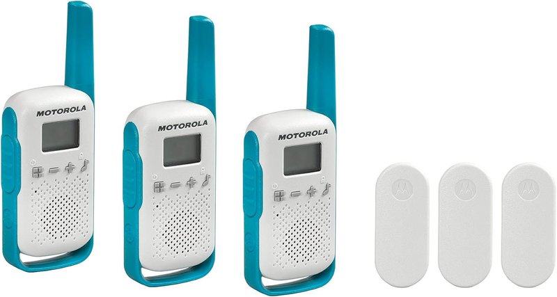 Motorola Talkabout T114TP Two-Way Radios - 22 Channels, 16 Mile Range | Battery Operated, 3 Pack, White/Blue