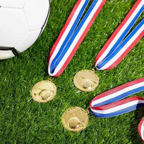 Juvale 12 Pack Award Medals for Adults - Team Participation Trophies with Red, White, and Blue Striped Ribbon, Sports Themed Party Favors (2 in, Metal, Gold)