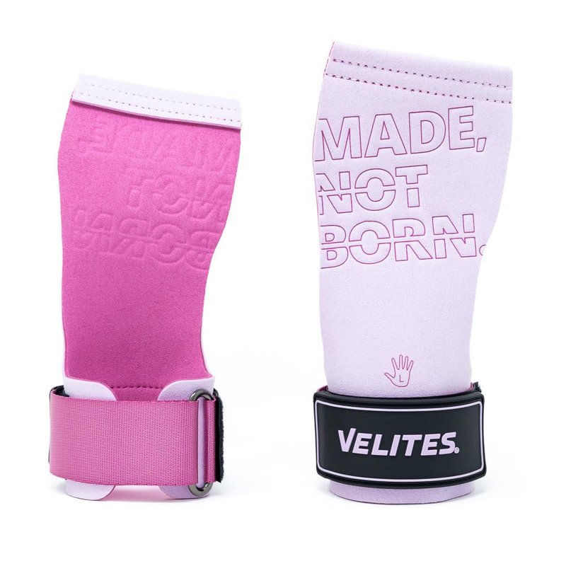 Velites - Official Games Quad Pro Grips - Size M Color Pink - with Chalk - Wristbands and Carry Bag Included - Pull-ups, Muscle-ups, and Toes-to-bar
