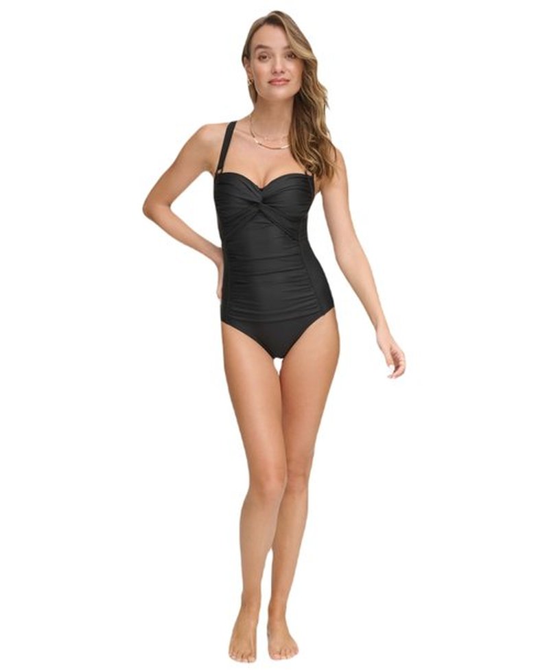 DKNY Women's Sweatheart Neckline One Piece Swimsuit with Tummy Control, Black, X-X-Large