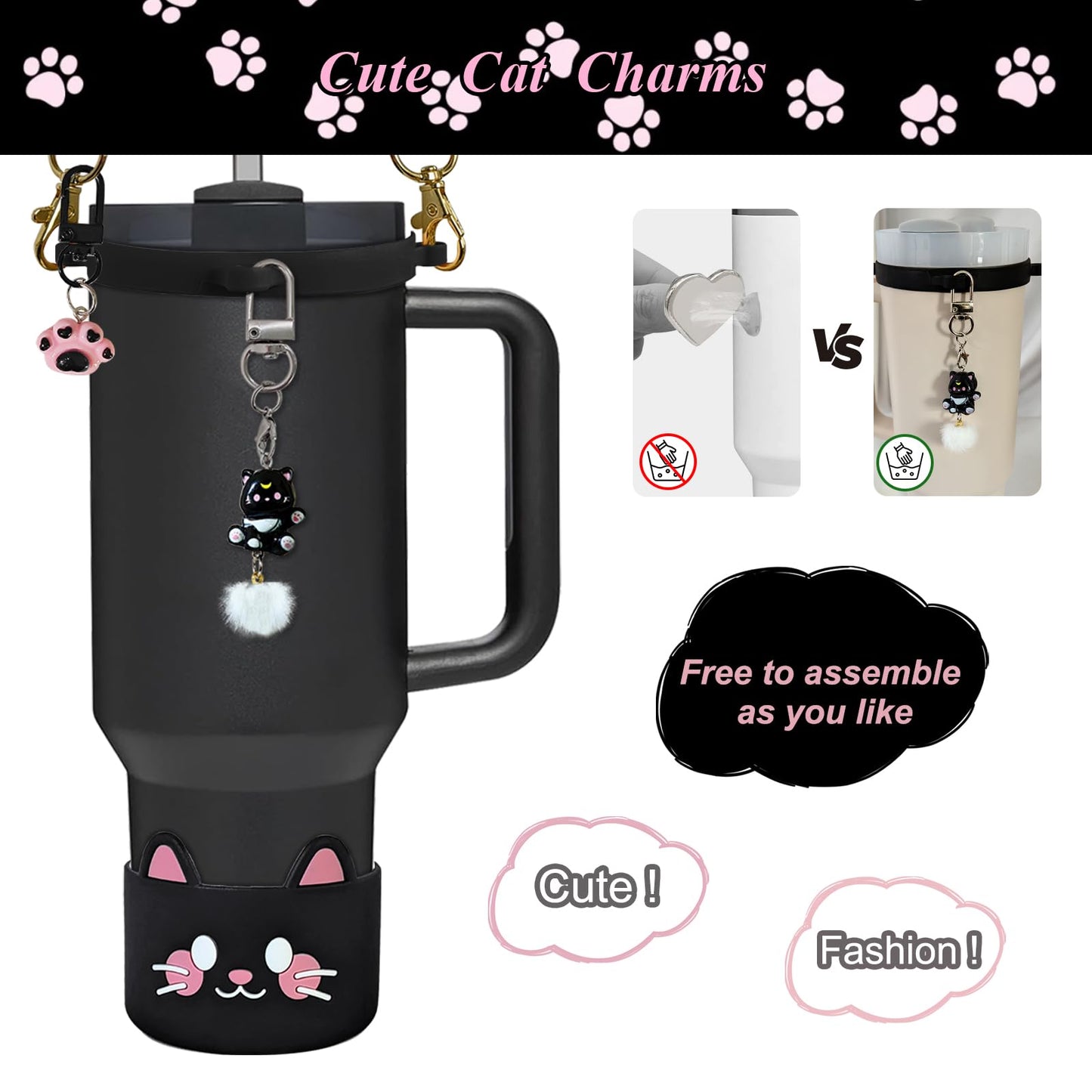 VirgoCCY 6PCS Cute Cat Stanley Cup Accessories Set for Stanley Cup 30oz 40oz, Includes Straw Topper, Siliocne Boot, Water Bottle Handle Strap, Cat Charms, Black