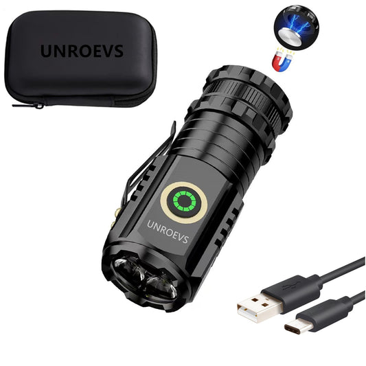 UNROEVS Mini Flashlight 2550 Lumens Rechargeable USB C Charging, Small Flashlights High Lumens 5 Modes, Pocket Flashlight with Clip, Magnetic Flashlight for EDC,Camping, Hiking,Emergency