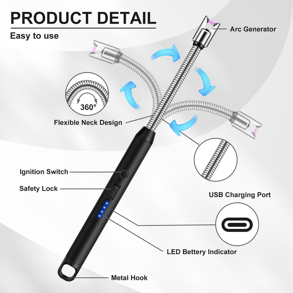 LcFun 2 Pack Candle Lighter USB C Rechargeable Electric Lighters with 360° Flexible Neck & Safety Lock, Windproof Flameless Lighters Long Stem Matches for Candle, Grill, BBQ, Gas Stoves