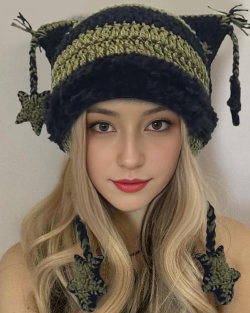Crochet Hats for Women Y2k Beanies Women's Knitted Cat Ear Hat Crochet Hat for Women Y2k Accessories Black Green with Pendant