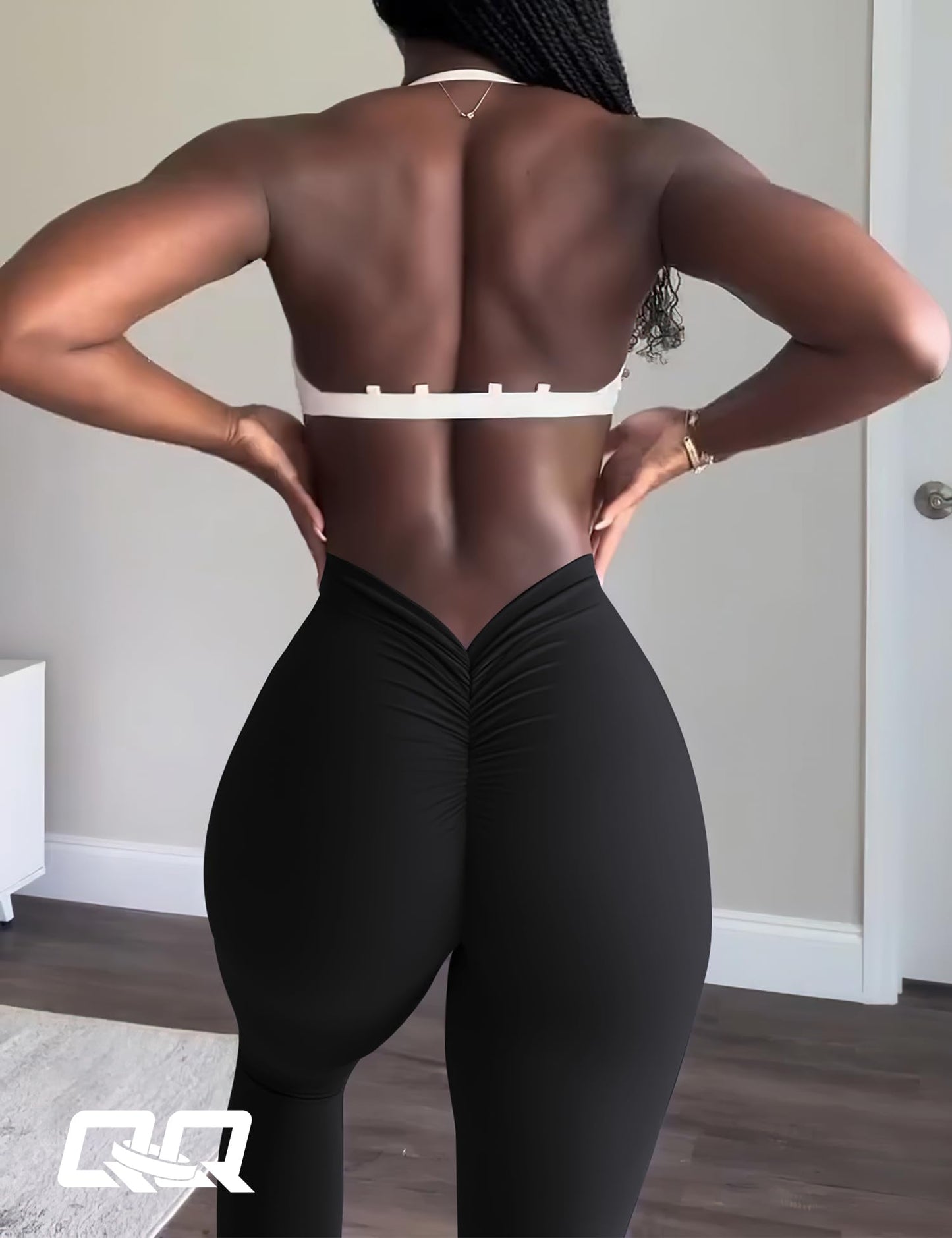 QOQ V Back Leggings for Women Scrunch Butt Lifting Workout Leggings High Waisted Gym Booty Tights Black M