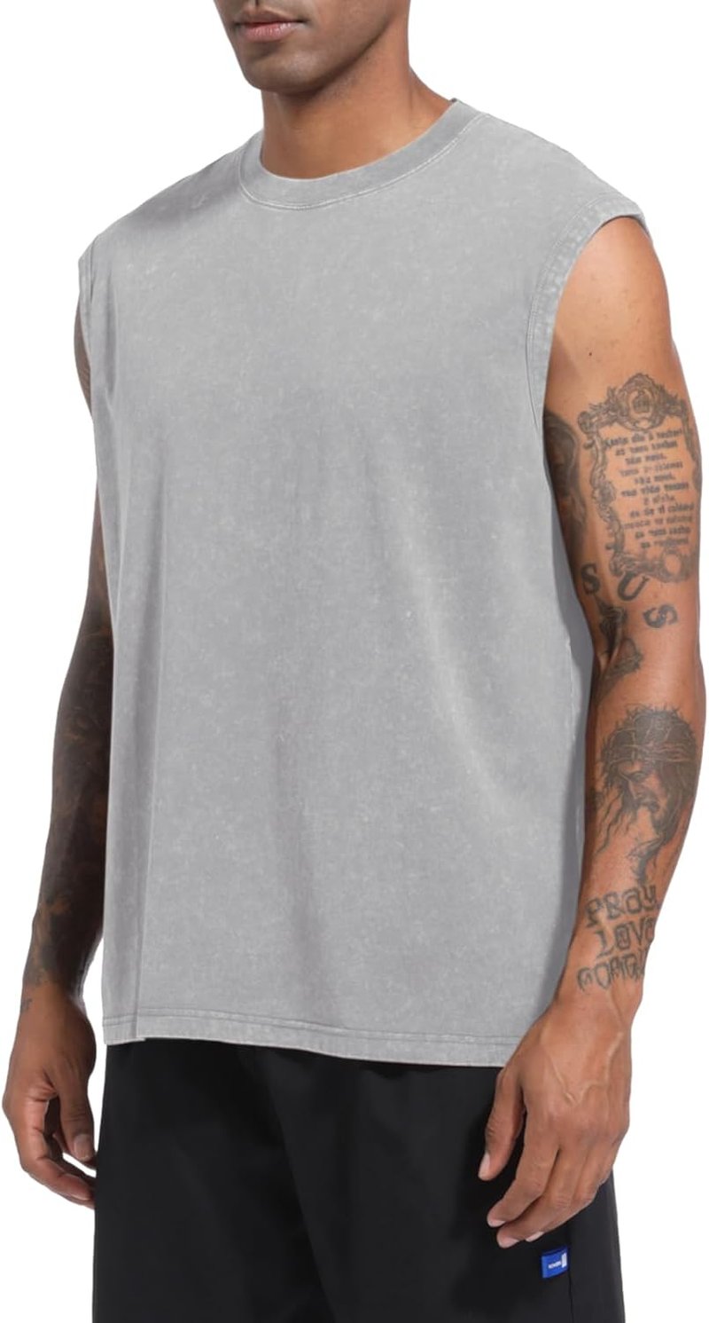 Men's Cotton Workout Tank Top - Sleeveless Acid Wash Gym Tee | Loose Fit Muscle Shirt